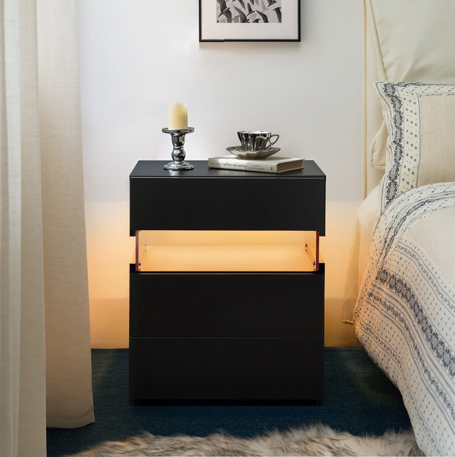 CHICFURN Nachtkastje - RGB-ledverlichting - 3 lades - zwart