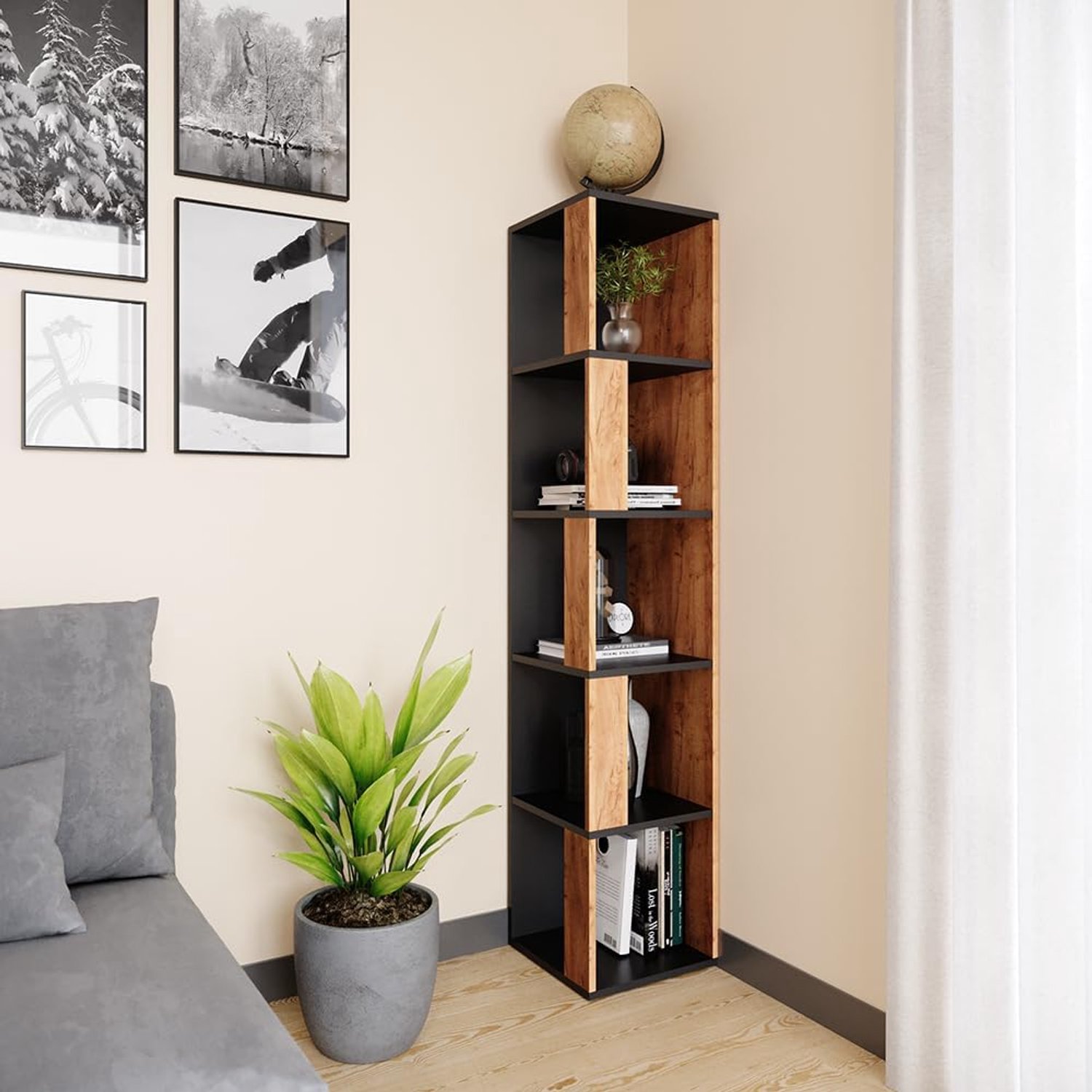 Hoekrek Lio – Modern Vrijstaand Hoekrek met 5 Legplanken, Eiken Goud, 33,3 x 33,3 x 162,5 cm