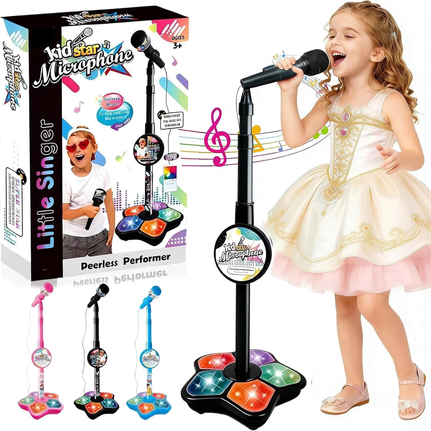 VONKELIOS®Kindermicrofoon met statief, verstelbare kinder karaoke machine met knipperende podiumlichten, staande microfoon speelgoed voor jongens en meisjes, feest en vrije tijd (zwart)