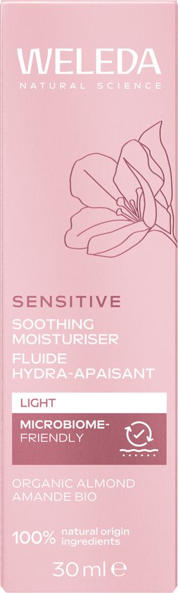 Roze doosje van Weleda Sensitive hydraterende gezichtscrème met een bloemillustratie en 100% natuurlijke ingrediënten.