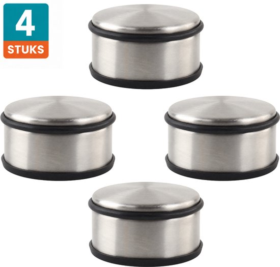Set van 4 zilverkleurige metalen deurstoppers met zwarte rubberen rand.