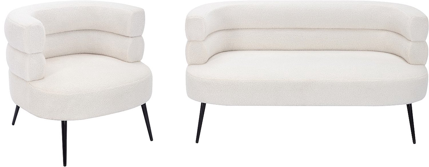Vente-unique Tweezitsbank en fauteuil in witte boucléstof CAMEDO