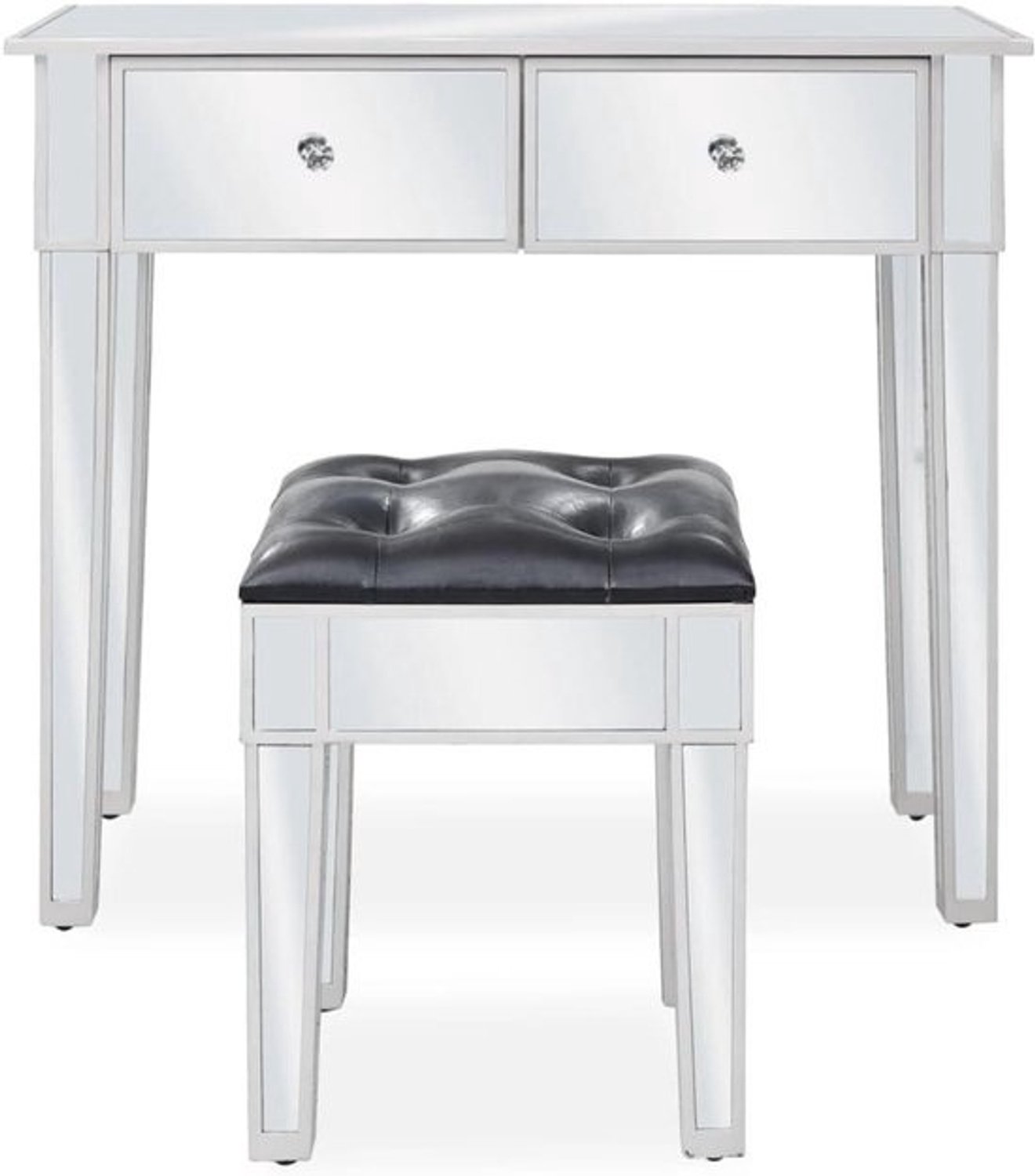 Gespiegelde kaptafel - Make-uptafel met kruk - Opbergruimte voor sieraden - Twee laden - 80 x 38 x 76 cm - Zilver