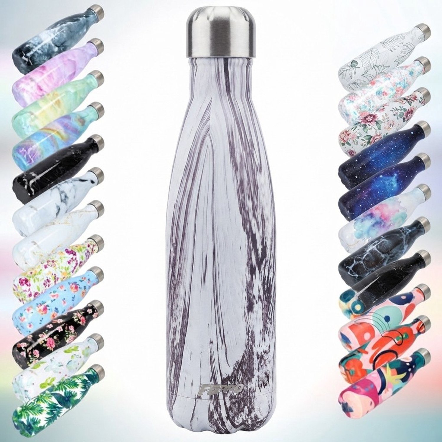 FBFS57, Thermosfles, Drinkfles, Waterfles - Modern & Slank Design - Marmerwit - zwarte contouren