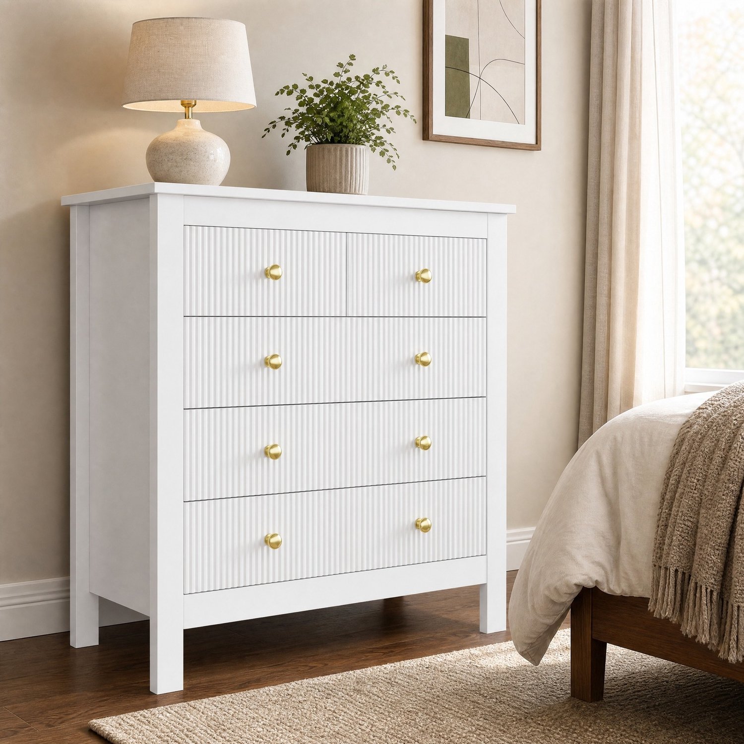 CHICFURN Ladekast 79 cm - 5 lades - Gouden handgrepen - Wit
