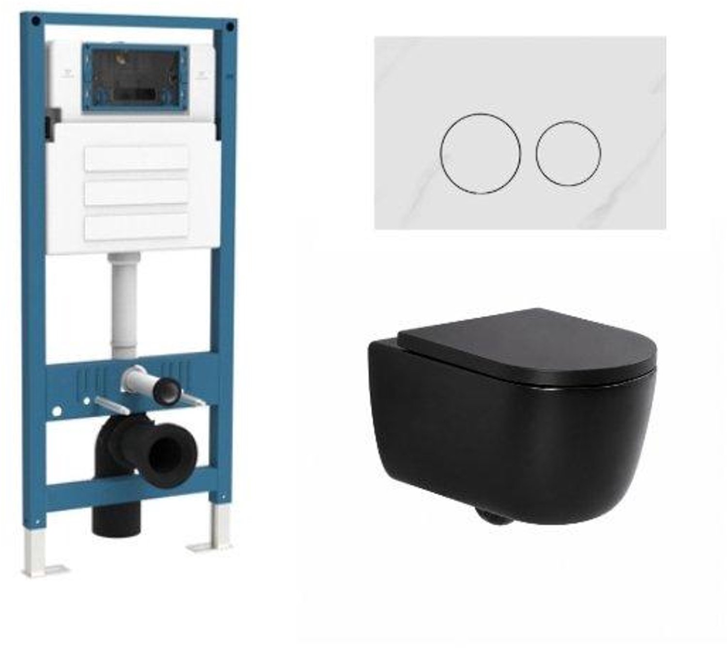 QeramiQ Dely Swirl Toiletset - inbouwreservoir Qeramiq Flush - 35mm zitting - natuursteen wit marmeren bedieningsplaat - ronde knoppen - mat zwart