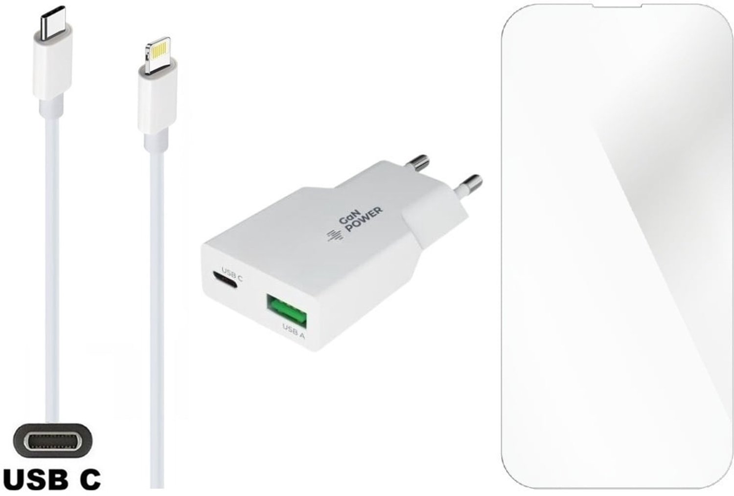 OneOne 20W snellader met 2 poorten en screenprotector van glas voor iPhone 13 Pro Max en iPhone 14 Plus + 1,5m USB C naar Lightning kabel. PD PPS lader. GaN oplader adapter. Glazen screenprotector past op Apple iPhone 13 Pro Max & iPhone 14 Plus