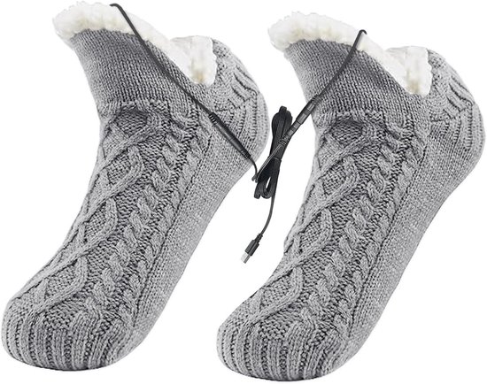 Elektrisch verwarmde sokken, fleece, voetwarmer voor mannen en vrouwen, USB-verwarmingssokken, verwarmingskussen, pantoffels, dikke gebreide sokken met anti-slip handgreep, winter thermische