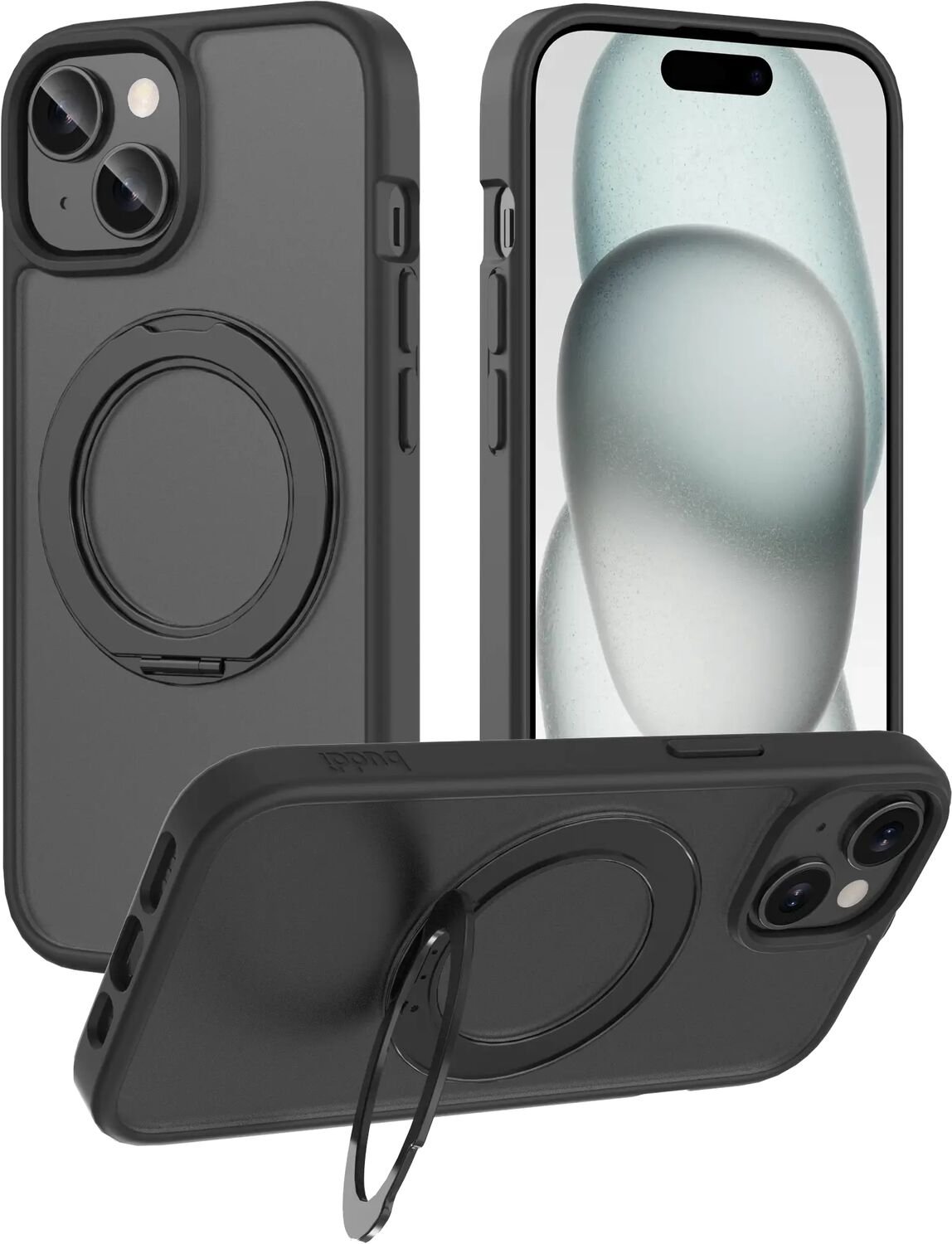 Buddi Frost Hoesje Geschikt voor Apple iPhone 17e/16e/15/14/13 - Mat Zwart - Met Ring Stand - MagSafe Back Cover - Matchende kleur - Met 360° Draaibare Standaard - Shockproof - Slank