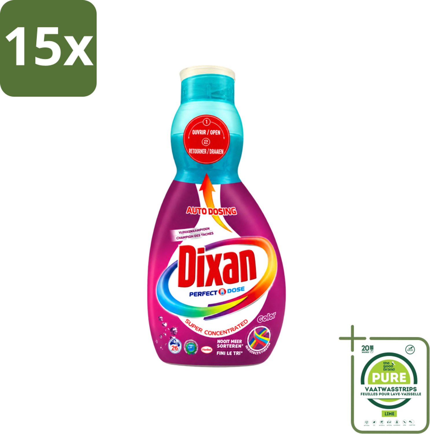15 x Dixan Perfect Dose - Vlekkenkampioen - Extreme Power - Gekleurde Was - 26 Wasbeurten - Grootverpakking - Vaatwasstrips - Gekleurde Was - Vlekkenverwijdering - Anti-kleuroverdracht - Wasmiddel - Gekleurde Stoffen
