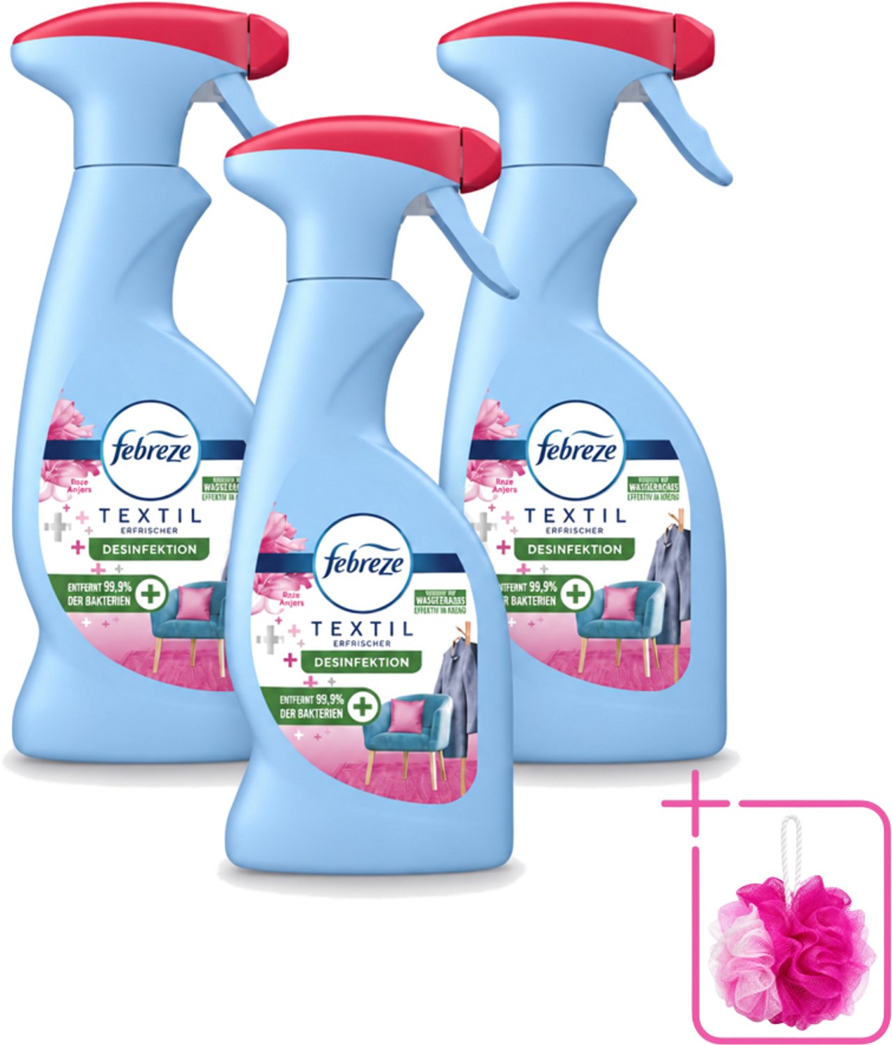 3 x Febreze – Textielspray – Roze Anjers – 375 ml - Bulkverpakking - Textielgeur - Douchemop - Textielverzorging