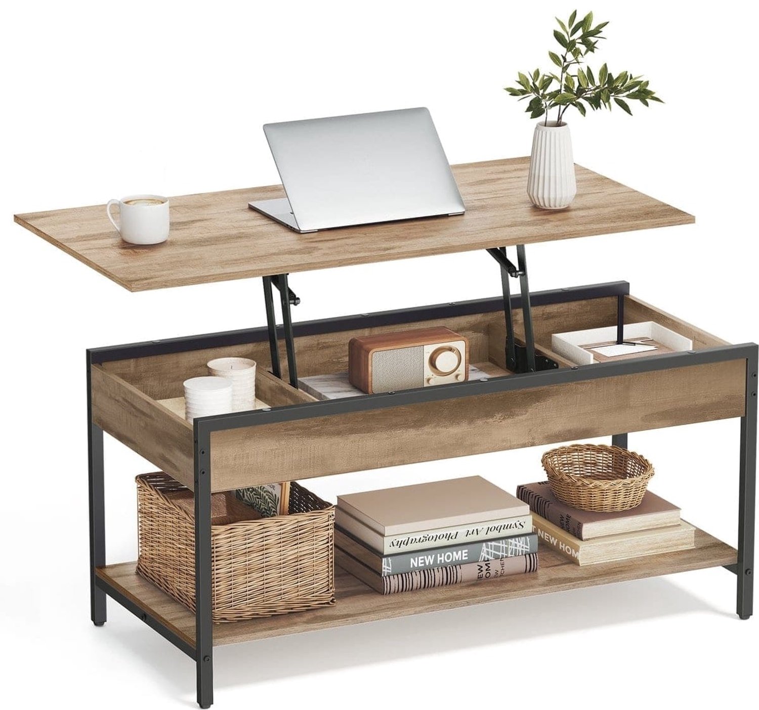 Klarven Salontafel Kameelbruin-Zwart - Salontafel met Opbergruimte - Opklapbare Salontafel - Salontafel - In Hoogte Verstelbaar, Verborgen Opbergvak