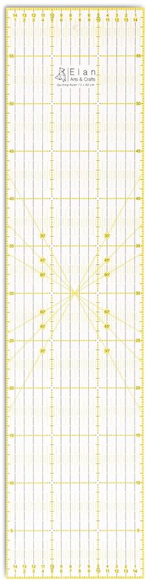 Transparante Elan quiltliniaal van 15 x 60 cm met gele rasterlijnen en hoekmarkeringen.