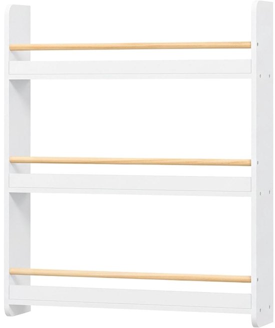 Witte kinderboekenplank met drie niveaus en houten beschermbalken voor wandmontage.