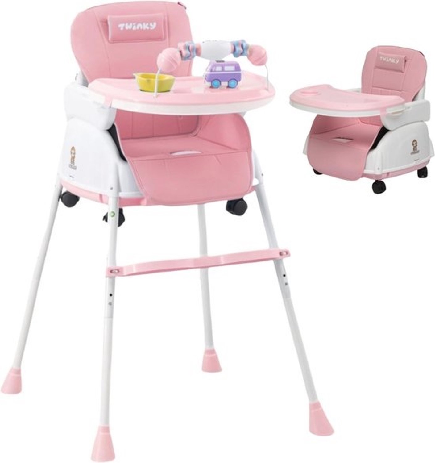 2-in-1 kinderwagenset - Opvouwbare eetstoel en kinderwagen voor baby's en peuters - Verstelbare, draagbare babystoel - Roze
