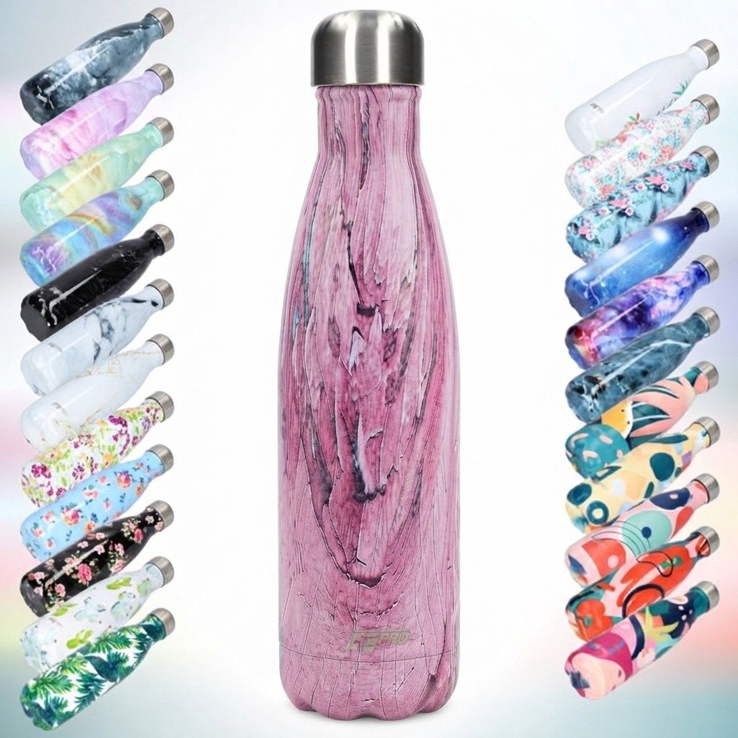 FBFS63, Thermosfles, Drinkfles, Waterfles - Modern & Slank Design - Roze hout print - 500ml