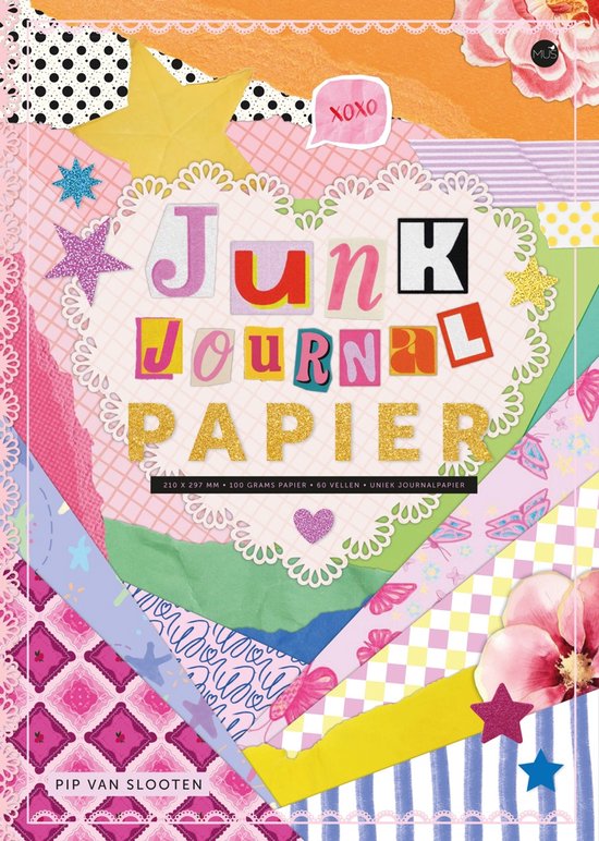 Kleurrijk junk journal papier met collage-stijl, sterren, bloemen en tekst 'Junk Journal Papier' in speelse letters.