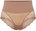 Bruine high-waist slip met gladde tailleband en kanten zijpanelen.