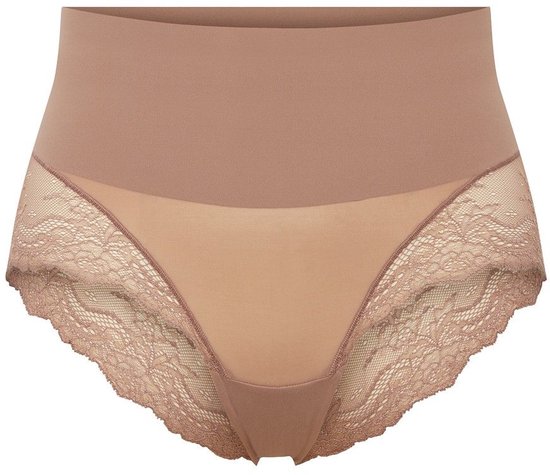 Bruine high-waist slip met gladde tailleband en kanten zijpanelen.