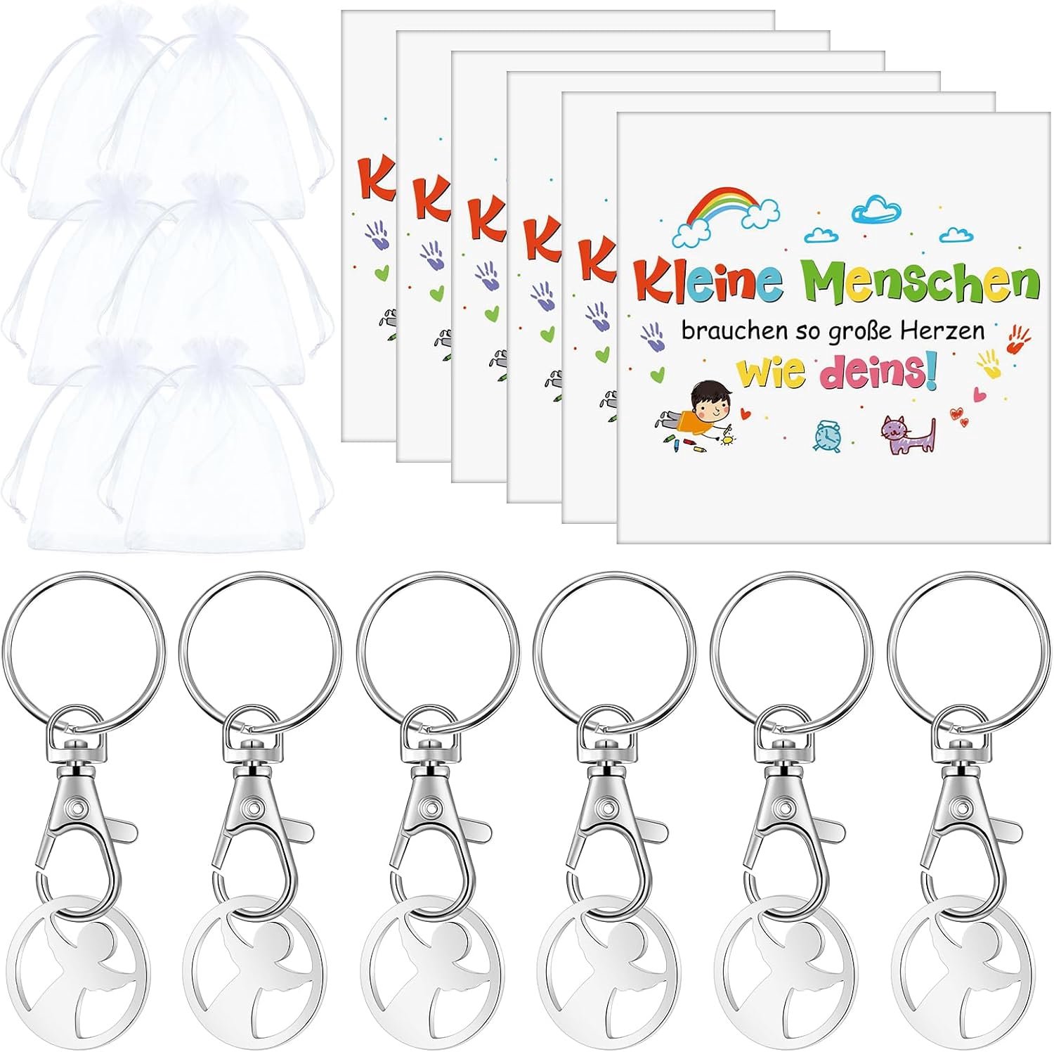 Set van 6 sleutelhangers met winkelwagentje chip - inclusief bedankkaart en organza tas - ideaal als cadeau - m-winkel