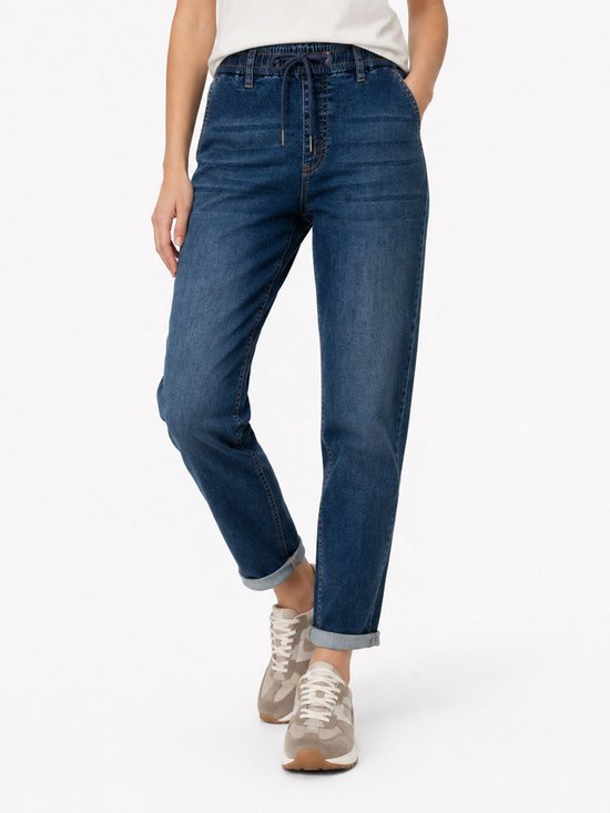Dames spijkerbroek met elastische tailleband en trekkoord in een middentoon denim.