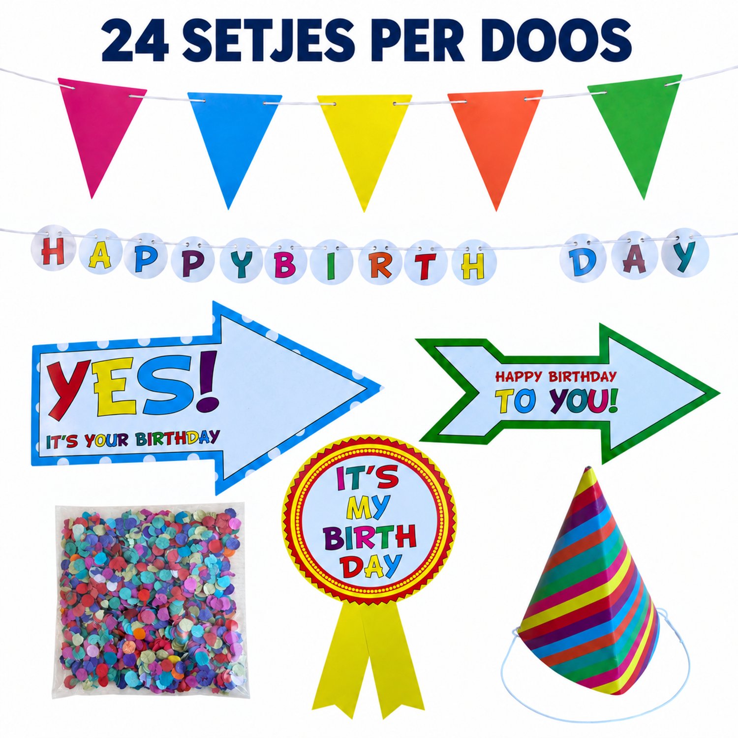 Mini verjaardagsversiering voor bureau - doos met 24 sets van 7 delen