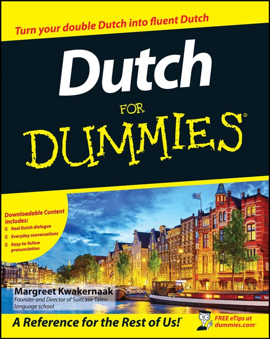Couverture du livre Dutch for Dummies avec une photo de maisons au bord du canal à Amsterdam au coucher du soleil.