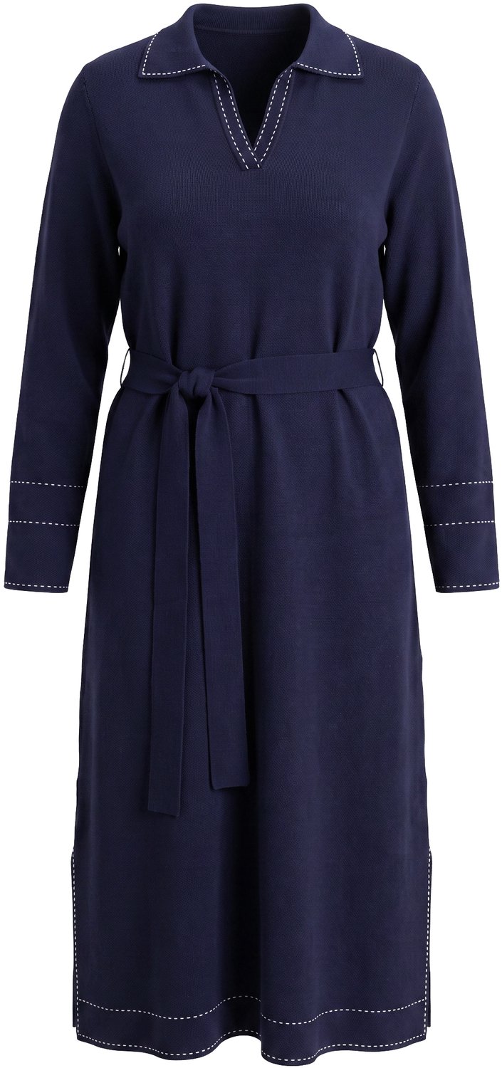 Ulla Popken - Dames - Gebreide maxi-jurk overhemdkraag V-hals lange mouwen - Marine - Maat 58+