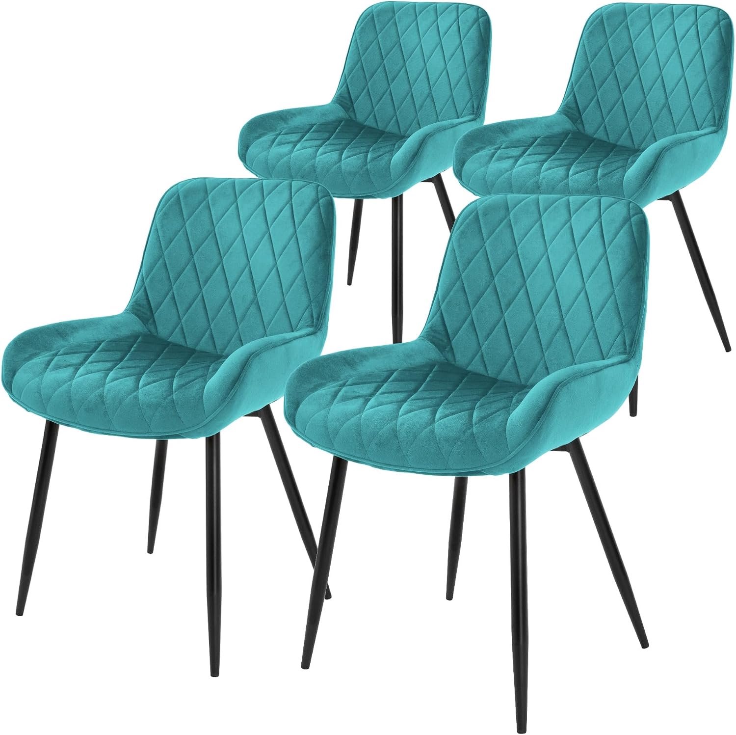 Set van 4 Velvet Eetkamerstoelen met Armleuningen – Turquoise, Gewatteerde Rugleuning, Metalen Poten, 60 x 54 x 81 cm