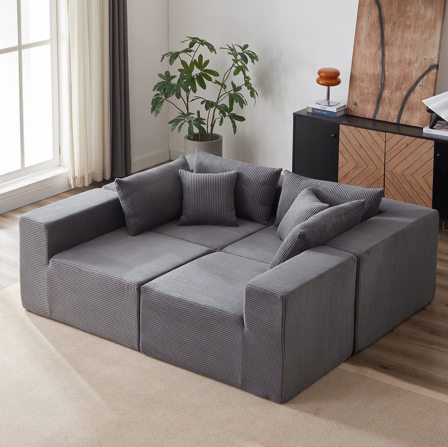 MODENUIT Hoekbank - Modulaire L-Vorm Met 4 Zitplaatsen - Woonkamer - Ribfluweel - Grijs - 264x167x71 cm