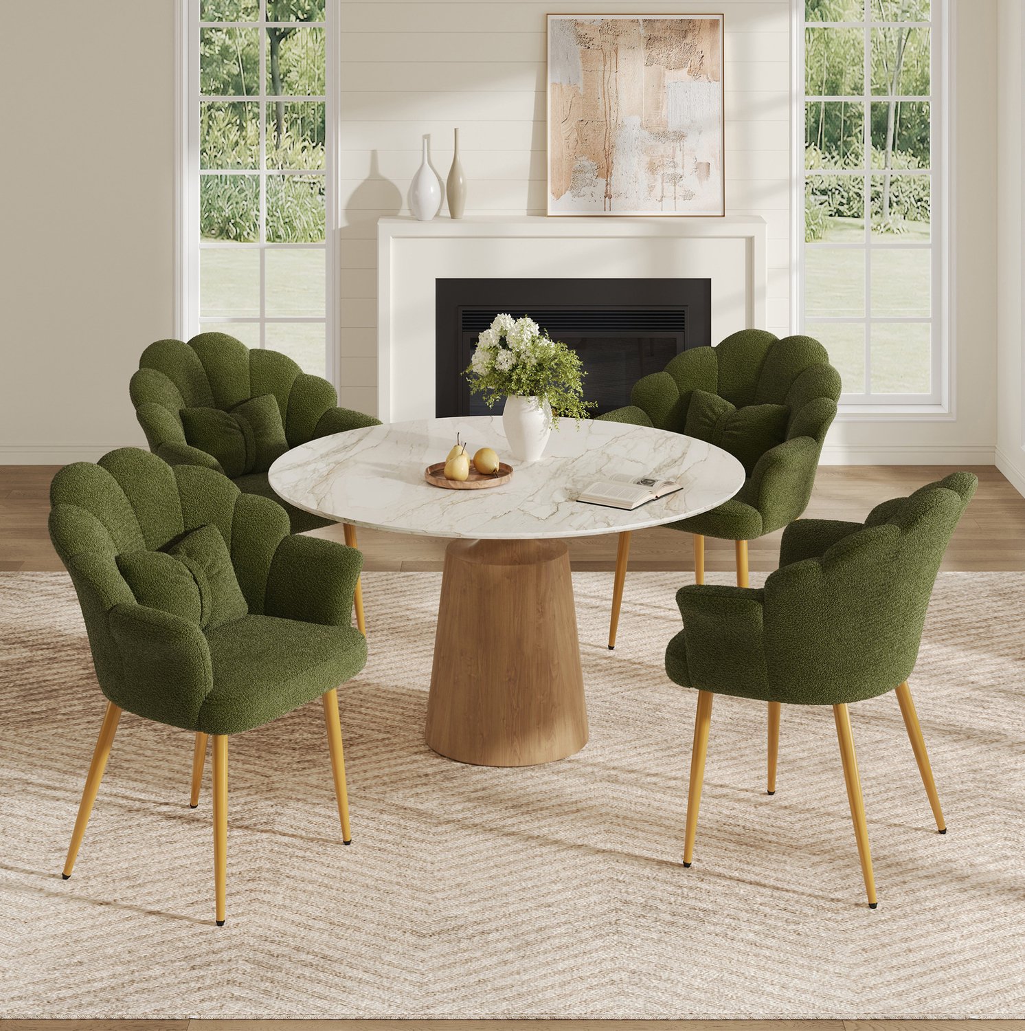 MODENUIT Eetkamerstoel - Set Van 4 Met Armleuningen - Voor Eetkamer - Teddystof - Groen - 64x65,5x85 Cm