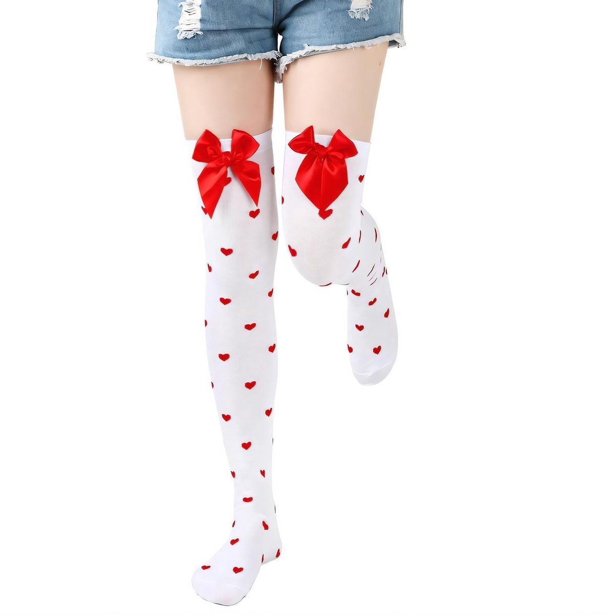 Elzusha - Overknee Kousen met Hartjes en Strik - Wit