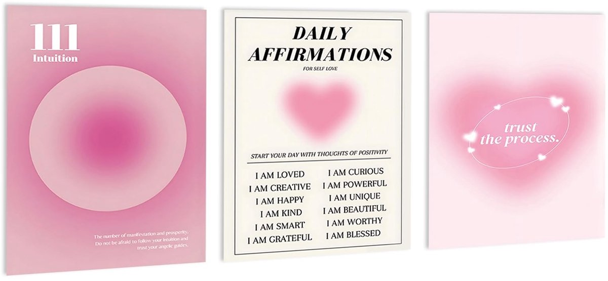 Elzusha - Aesthetic poster set voor tienerkamer - Roze, 3 stuks