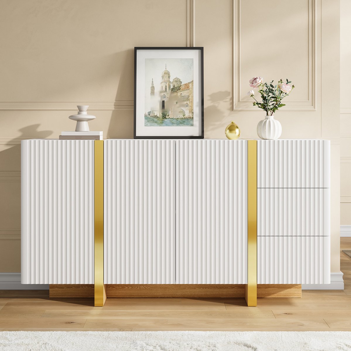 REDOM - Dressoir - 3 deuren en 3 lades - Vaste legplanken - Gedempte scharnieren - MDF en spaanplaat - Wit - 140 x 36 x 75 cm
