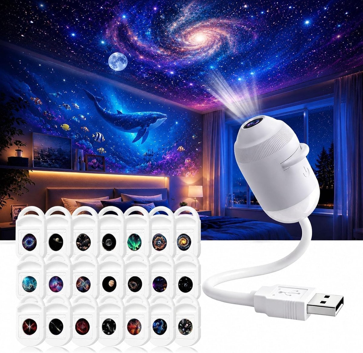Sterrenprojector met 24 Films - 5D Holografisch & 360° Draaibaar - USB Plug & Play HD - Galaxy & Oceaan Projector - Cadeau voor Kinderen en Volwassenen - Sfeervolle Nachtlamp voor Slaapkamer - SOLLBRY®
