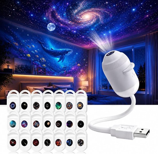 Witte galaxy projector projecteert sterrenhemel op plafond. 24 verwisselbare films, waaronder planeten, aurora, oceaan.