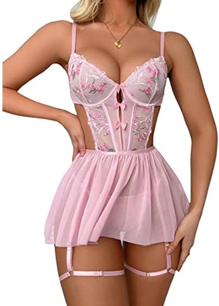Transparante Babydoll Lingerie Set voor Dames met Kanten Romper en Bloemenpatroon voor Slaap- en Nachtmode