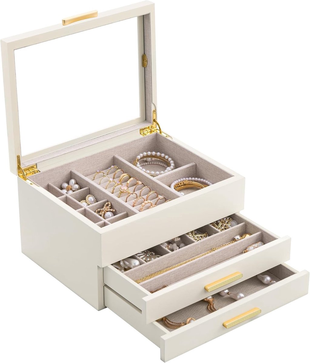 Houten Sieradenopbergdoos met Doorzichtig Venster, 3 Laags Organizer voor Oorbellen, Armbanden en Kettingen - Beige, Hoge Capaciteit voor Vrouwen