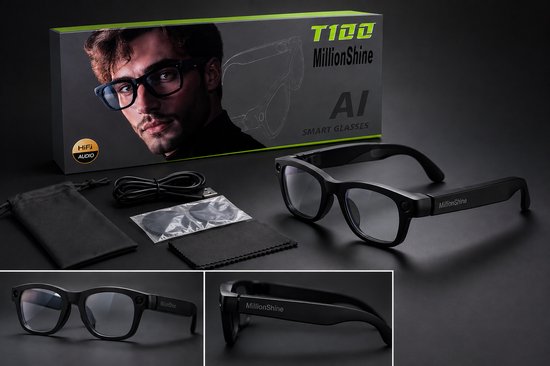 MillionShine Ai Smart Glasses - 8MP - Ai Slimme Zonnebril - 1080p Full Hd Spycam - Lichtgewicht 42g - Vertaalfunctie - Smartglasses met Bluetooth - Blauw Licht Filter Glazen en Zwarte Glazen - Wifi - Met 64GB SD Kaart — afbeelding 4
