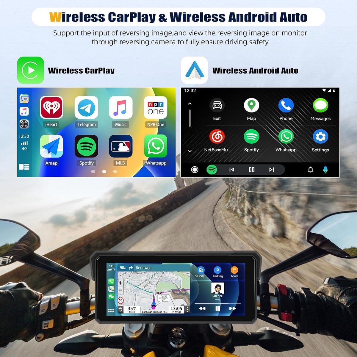 Motorfiets Navigatie 7 Inch - Draadloos CarPlay Android Auto - IP67 Waterdicht - PE+Glas - Bluetooth 5.0 - Voor Motorfietsen