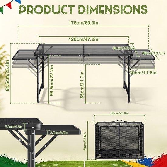 Froadp Table de Camping Pliante 120x60 cm, Table d'Appoint Extérieure avec Plateau en Grille Métallique, Table Pliante Hauteur & Largeur Réglables, Poignée de Transport, Table de Pique-nique (jusqu'à 176x60 cm) van Merkloos — afbeelding 2