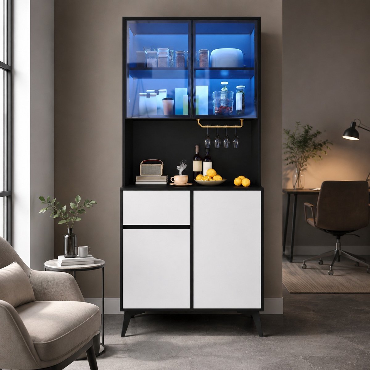 DESMIU Vitrinekast - LED-Verlichting Met Appbediening - Keuken, Eetkamer En Woonkamer - MDF - 80x40x180 Cm - Zwart Wit