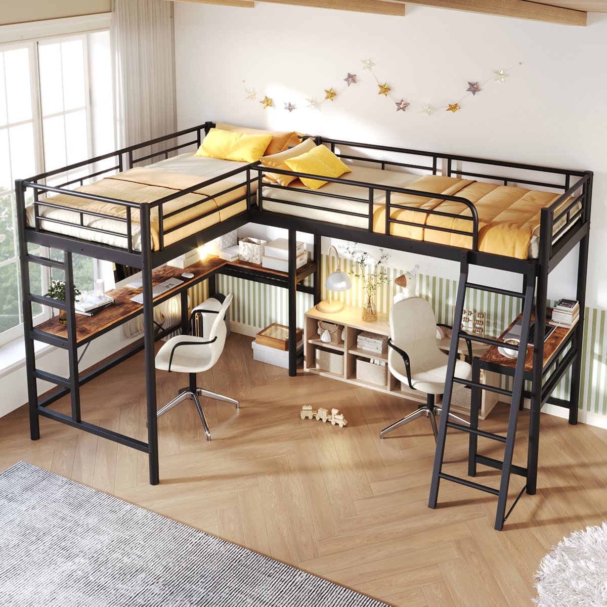MIVRAY Hoogslaper 90x200 cm - Eenpersoonsbed met Bureau en Ladder - Hoge Uitvalbeveiliging - Voor Kinderkamer - Metaal en MDF - Zwart - Zonder Matras