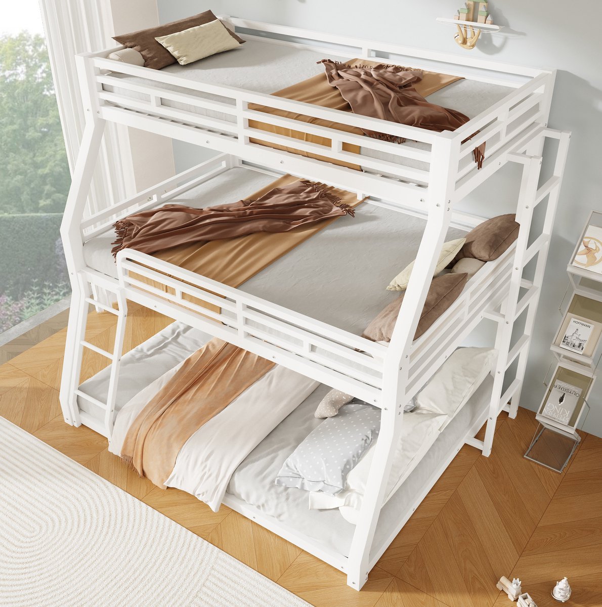 MIVRAY Stapelbed 90x200 120x200 140x200 cm - Metalen Bed met 3 Slaaplagen en Ladder - Met Valbeveiliging - Zonder Matras - Wit
