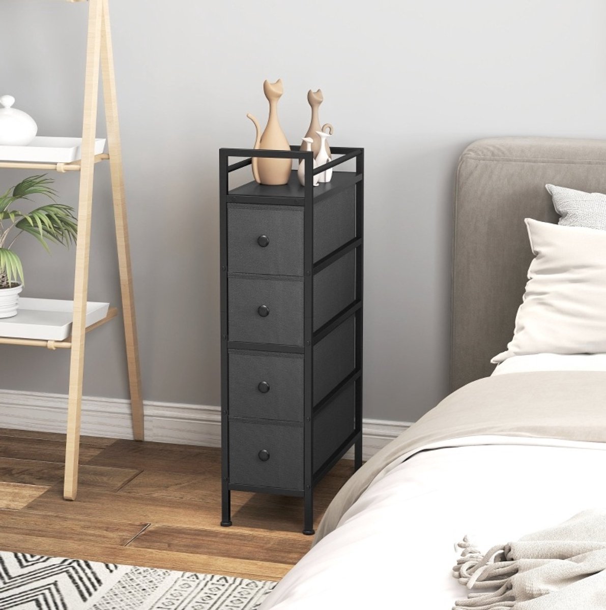 DESMIU Ladekast - Smal Opbergmeubel Met 4 Lades En Stalen Frame - Voor Slaapkamer En Woonkamer - Hout En Stof - 20x43x81,5 Cm - Zwart