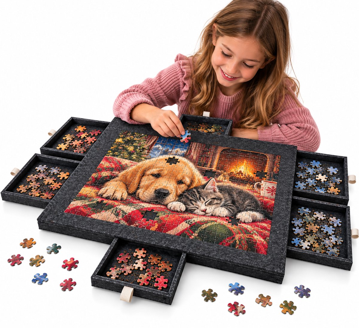 Currero Puzzeltafel Met Lades 1000 Stukjes - Puzzelbord - Puzzelmat - Opbergsysteem - Vilt - Met Deksel - Legpuzzel Accessoires - 1000 Pcs Zwart