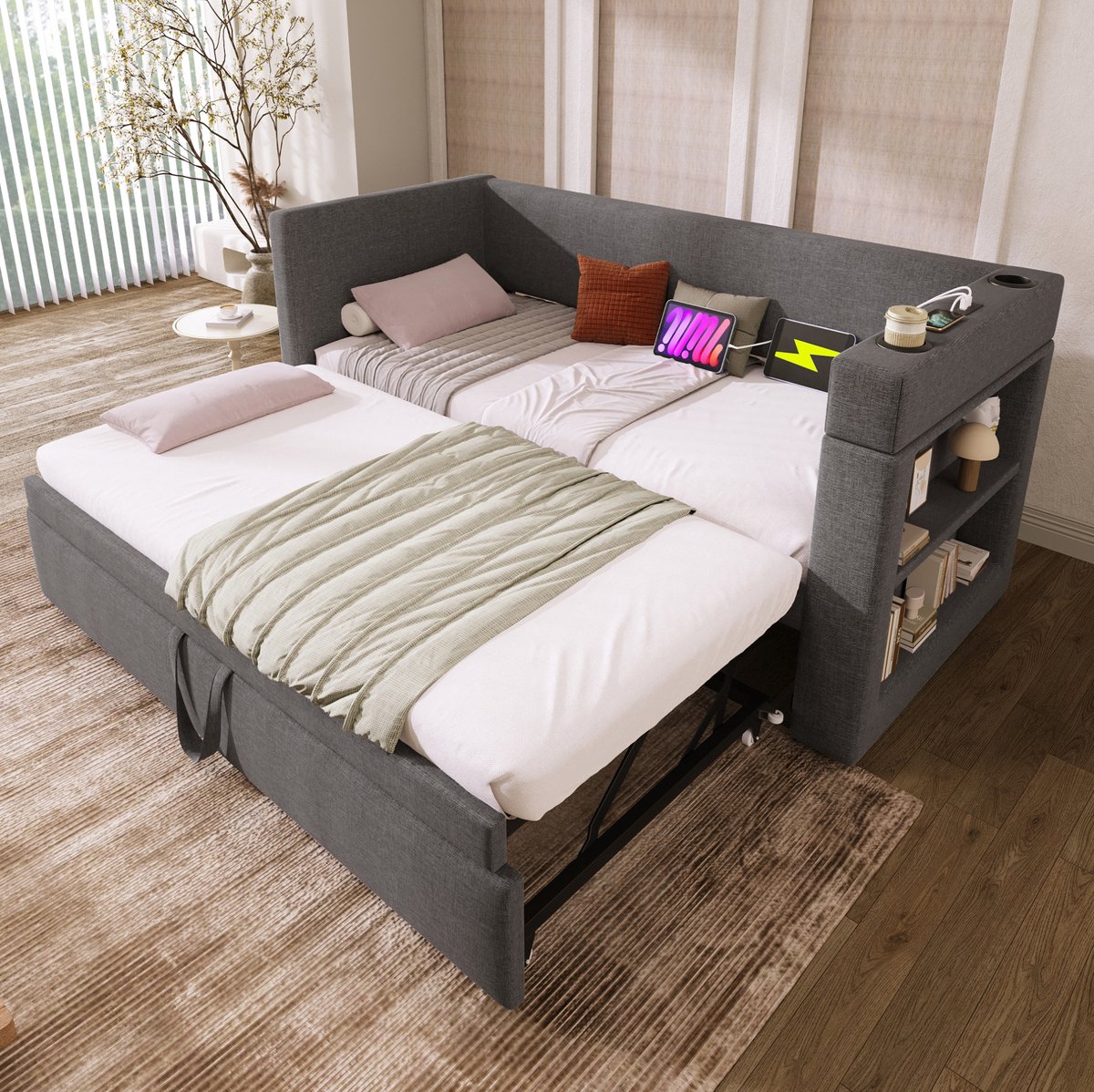 COVREO Slaapbank Daybed 90x190 cm met uitklapbed, grijs, Leinen-mischgeweave, USB & Type-C laadstation, drinkhouders en opbergruimte - zonder matras