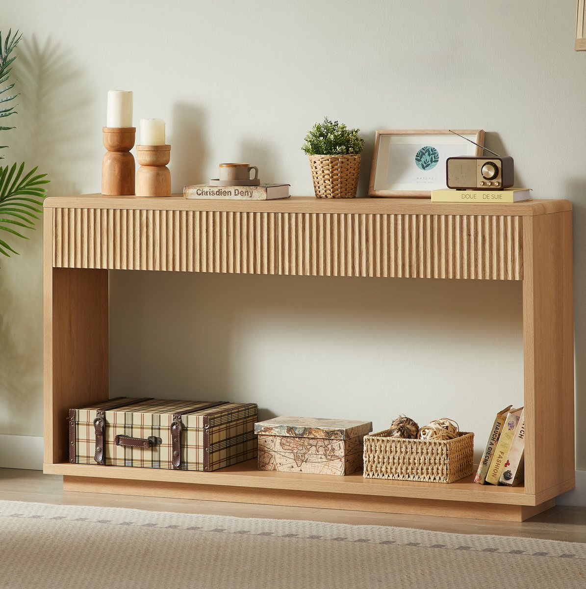 DESMIU Sidetable - Moderne Haltafel Met 2 Lades En Open Vak - Voor Hal En Woonkamer - Spaanplaat En MDF - 150x35x85 Cm - Naturel