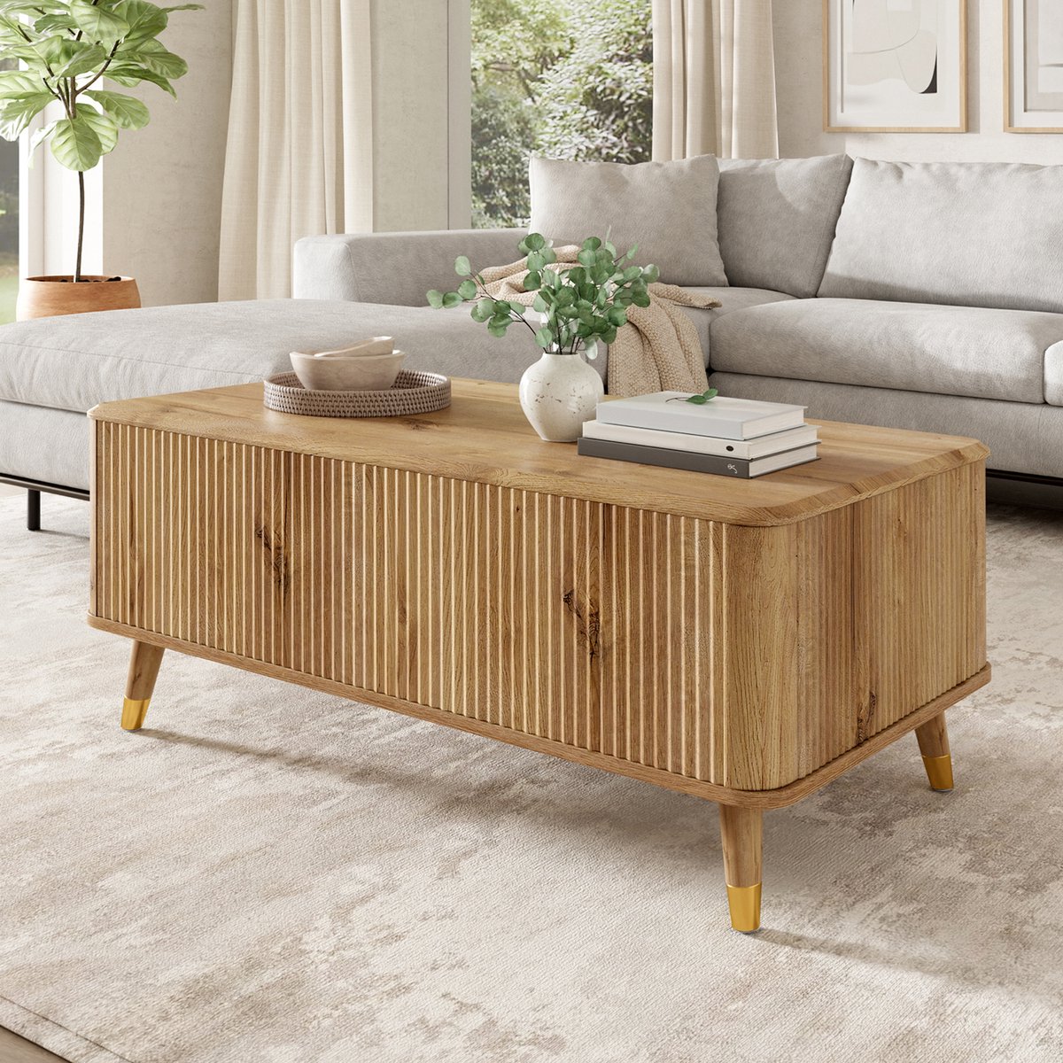 REDOM - Salontafel - Hoogteverstelbaar - Lift-top met opbergruimte - Uitschuifbaar tafelblad - Retro - Woonkamer - MDF - Naturel - 97 x 52 x 56,5 cm