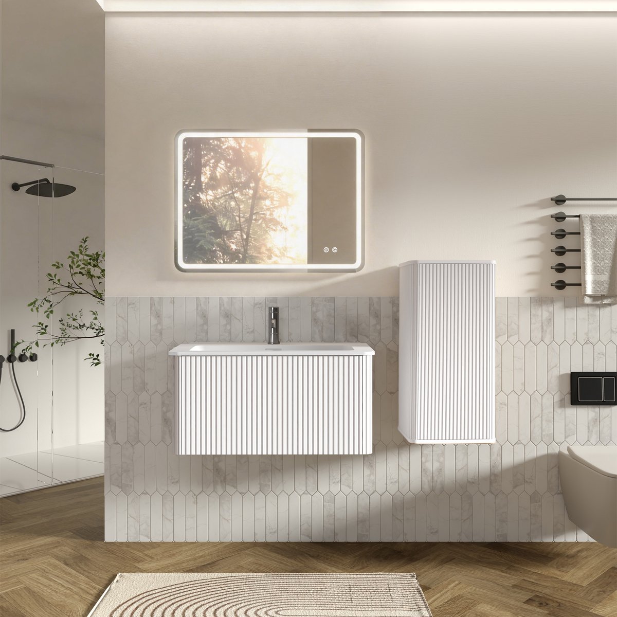 DESMIU Badkamermeubelset - Wastafel Met LED Spiegel - Wandhangend Met Opbergruimte - Voor Kleine Badkamers - Wit - 60 Cm